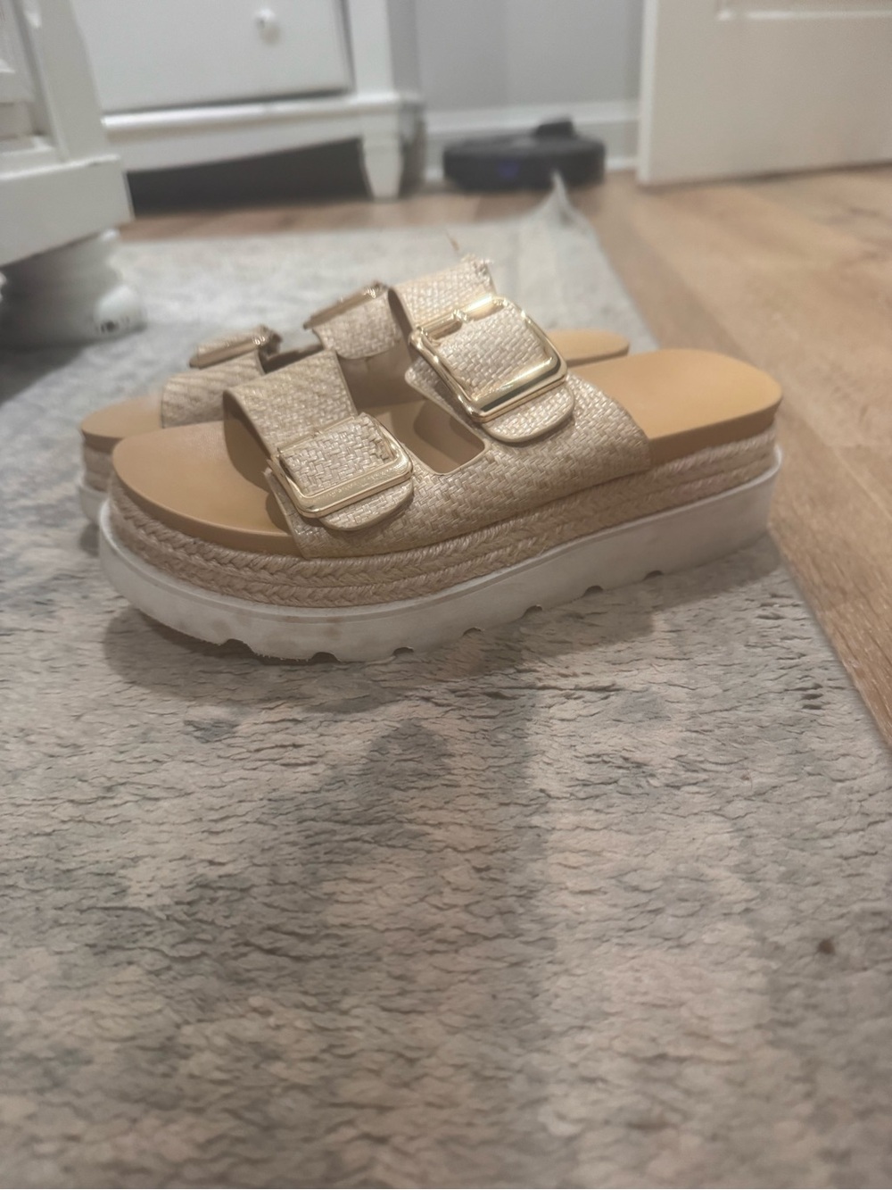 Woven Gold Platform Slide Sandals with Buckle Straps
